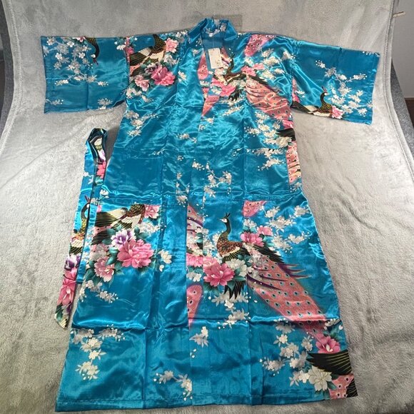 Zhong Sang Kimono Women's Large Long Blue Peacock & Floral Print Twisting Satin - Picture 4 of 11